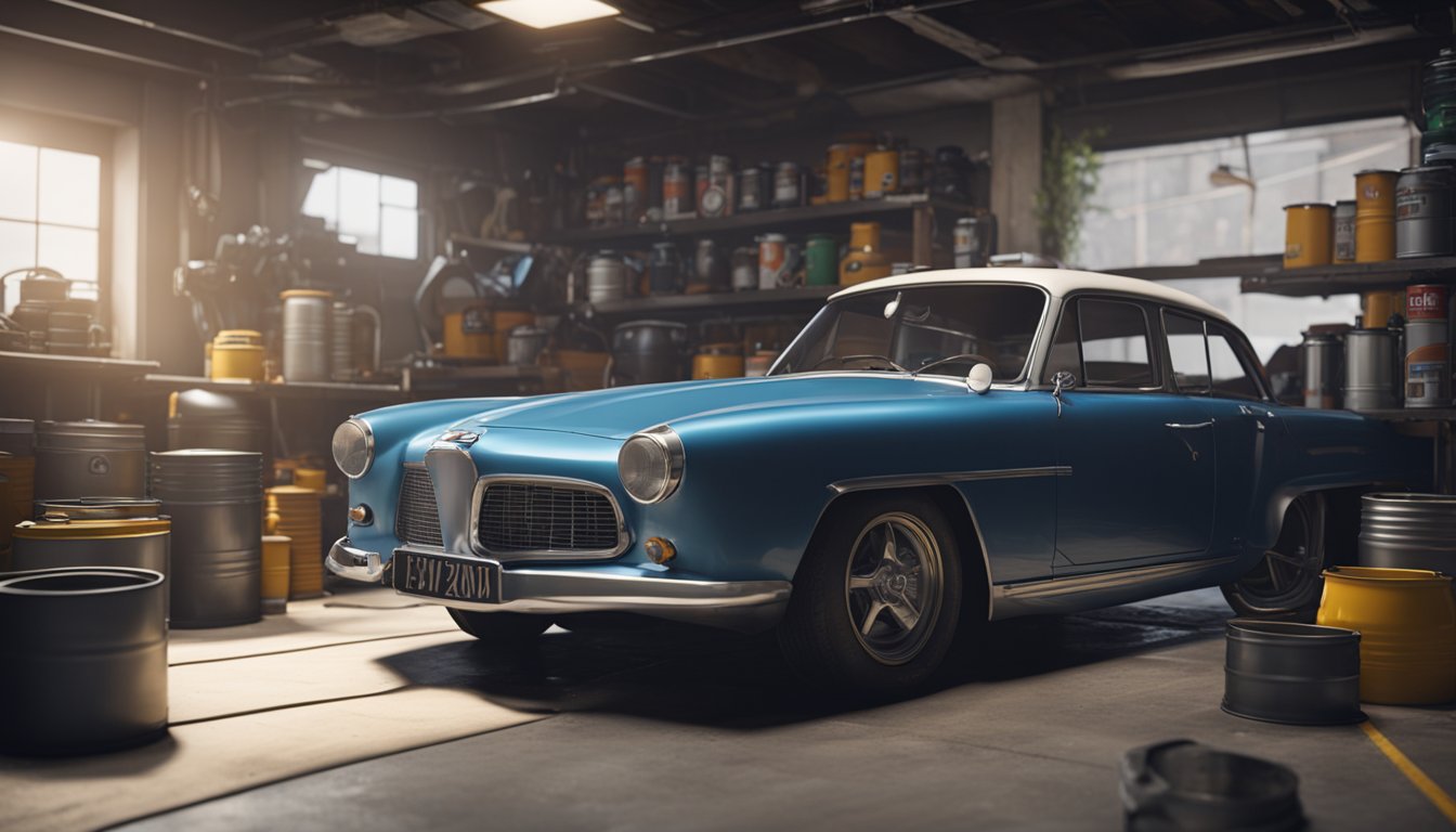 Autotalliin pysäköity auto, jonka konepelti on auki, ympärillään öljypurkkeja, suppiloita ja työkaluja.