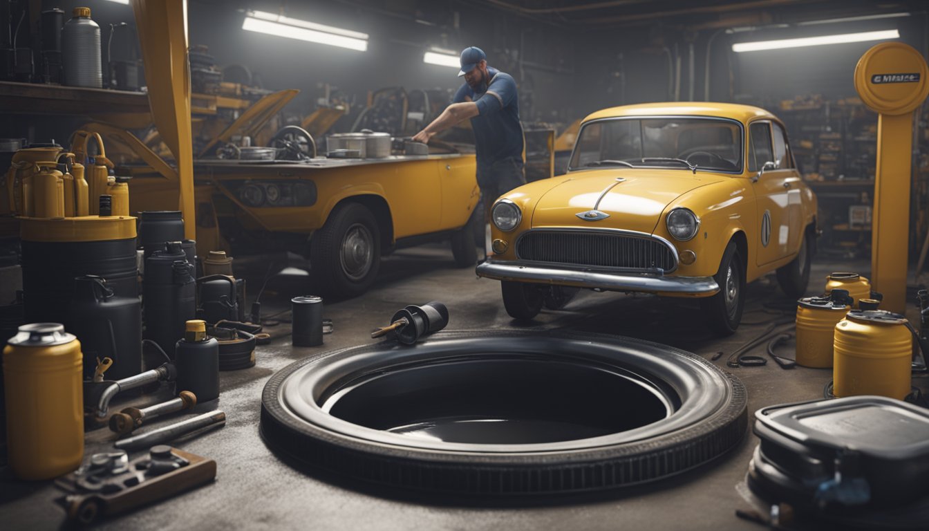 Mekaanikko vaihtamassa öljyä autossa, ympärillään työkaluja, öljypurkkeja ja tyhjennysastia.