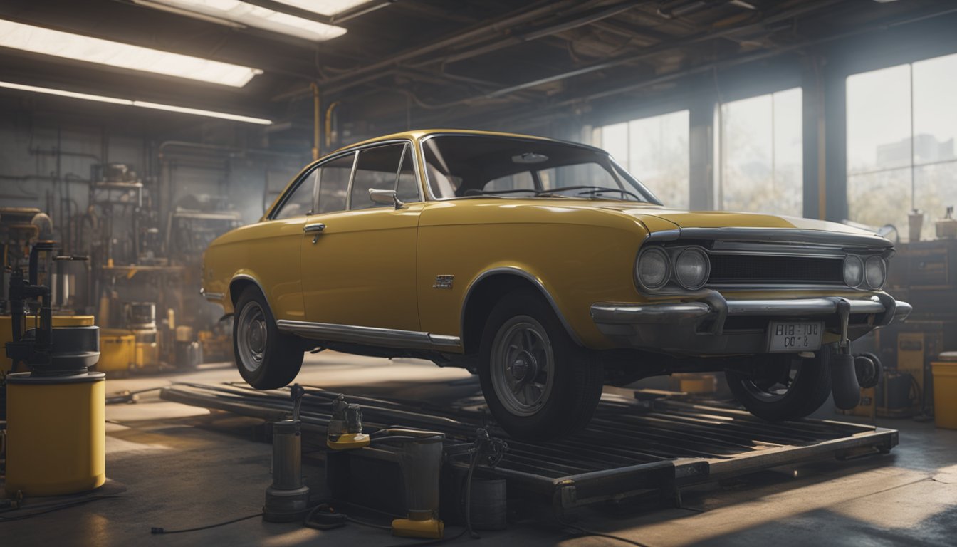 Nosturilla oleva auto, jonka alla mekaanikko valuttaa vanhaa öljyä ja korvaa sen tuoreella öljyllä. Lähellä on öljynsuodatin ja työkaluja.