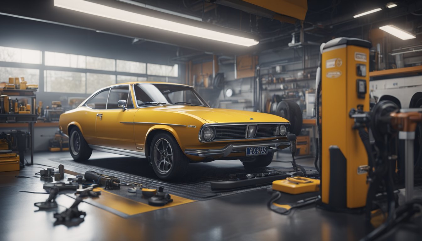 Öljynvaihto työkalujen ja auton kanssa, joka näyttää öljynvaihtoprosessin.