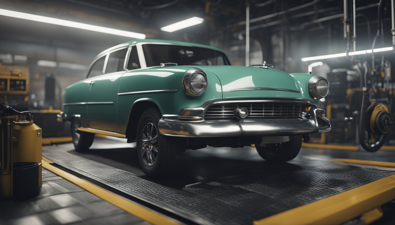 Auto huollossa öljynvaihdon yhteydessä, näyttäen öljyn tyhjennyksen ja täytön moottorissa.