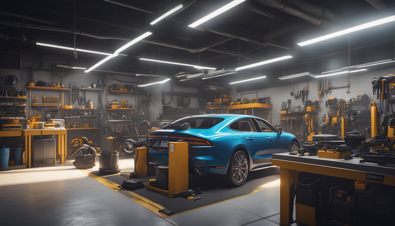 Autoa huolletaan hyvin valaistussa, siistissä ja järjestetyssä autokorjaamossa. Työkalut ja laitteet on järjestetty siististi, ja huomiota kiinnitetään turvallisuuteen ja laatuun.