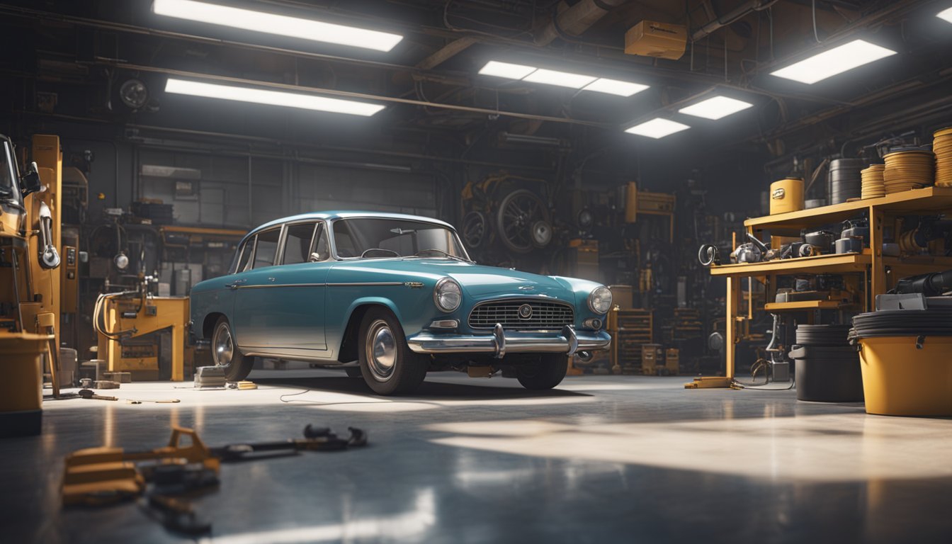 Autoa huolletaan mekaanikon verstaalla, jossa työkalut ja laitteet ovat hajallaan ympärillä.