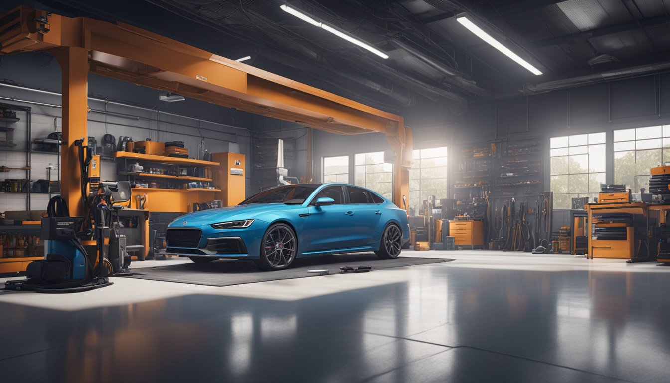 Autoa huolletaan siistissä, modernissa autokorjaamossa, jossa on näkyvillä erilaisia työkaluja ja laitteita. Korjaamon logo on näkyvästi esillä.