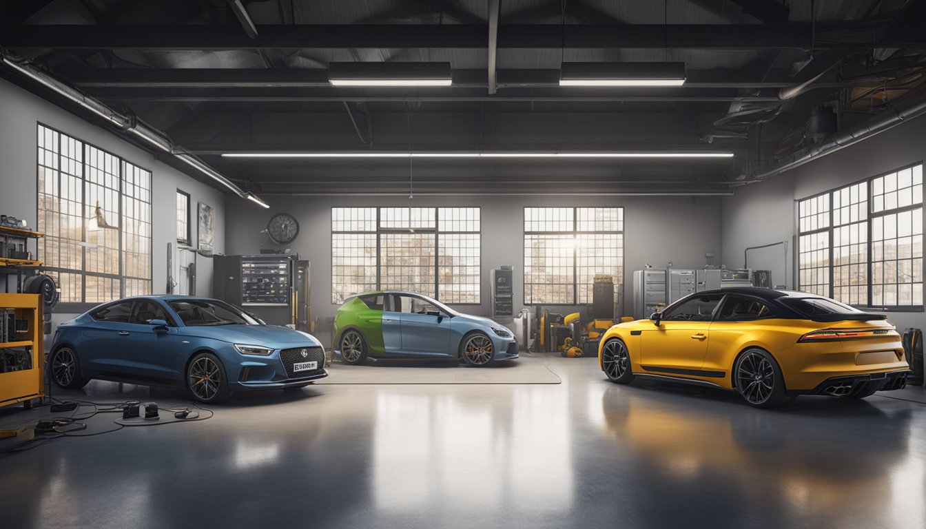 Autoa huolletaan korjaamolla, jossa seinällä on kustannus- ja säästövertailukaavioita.