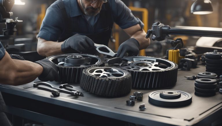 Automekaanikko suorittamassa jarruhuoltoa autolle, työkalut ja jarruosat levitettyinä työpöydälle.