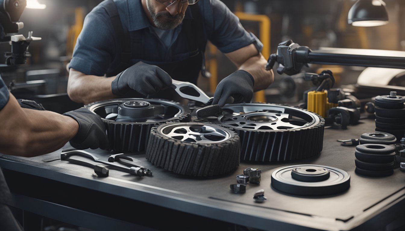 Automekaanikko suorittamassa jarruhuoltoa autolle, työkalut ja jarruosat levitettyinä työpöydälle.