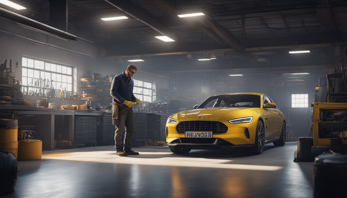 Mekaanikko tarkastamassa ja huoltamassa auton jarruja autotallissa.