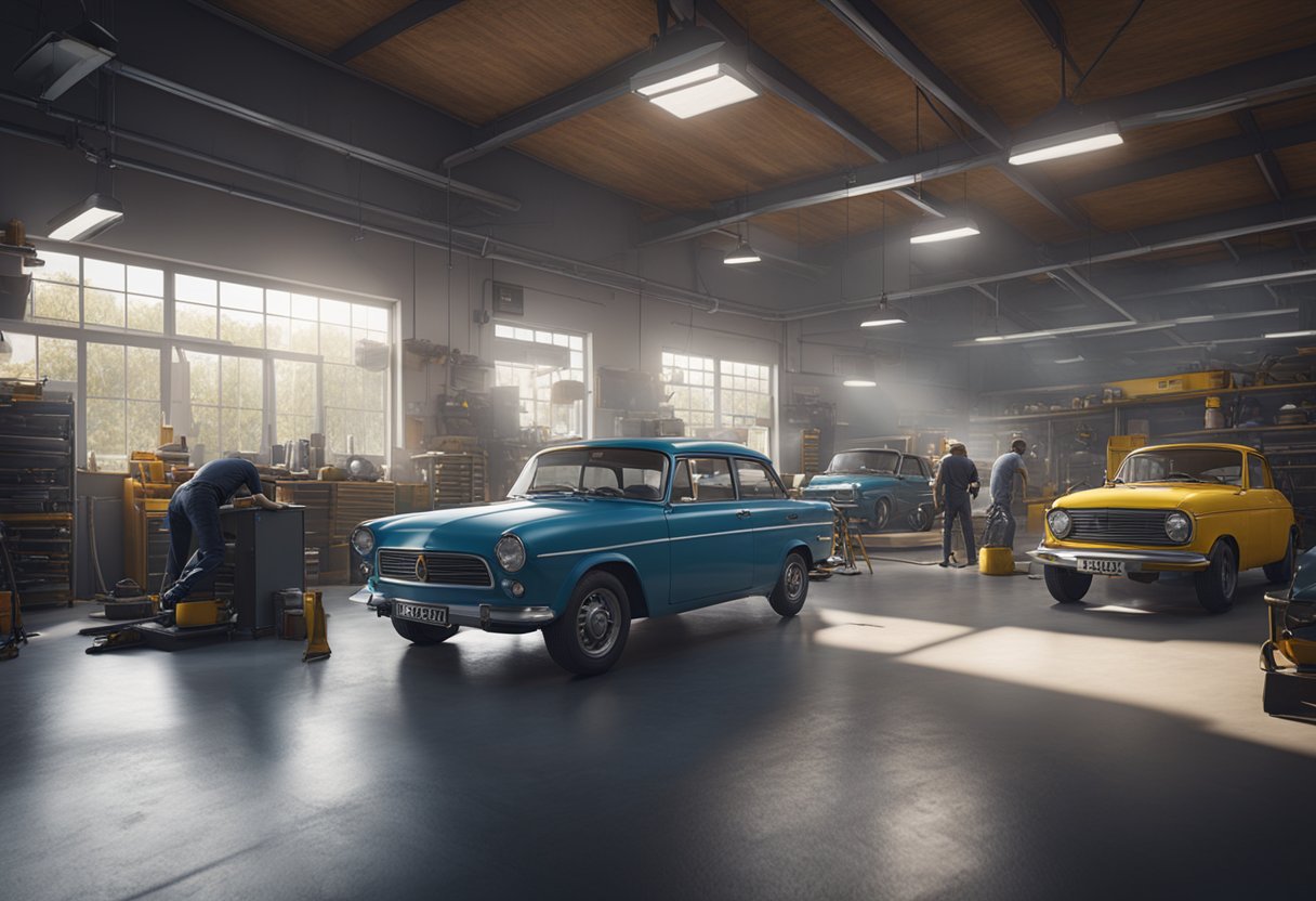 Vilkas autokorjaamo Nurmijärvellä, jossa mekaanikot työskentelevät autojen parissa.