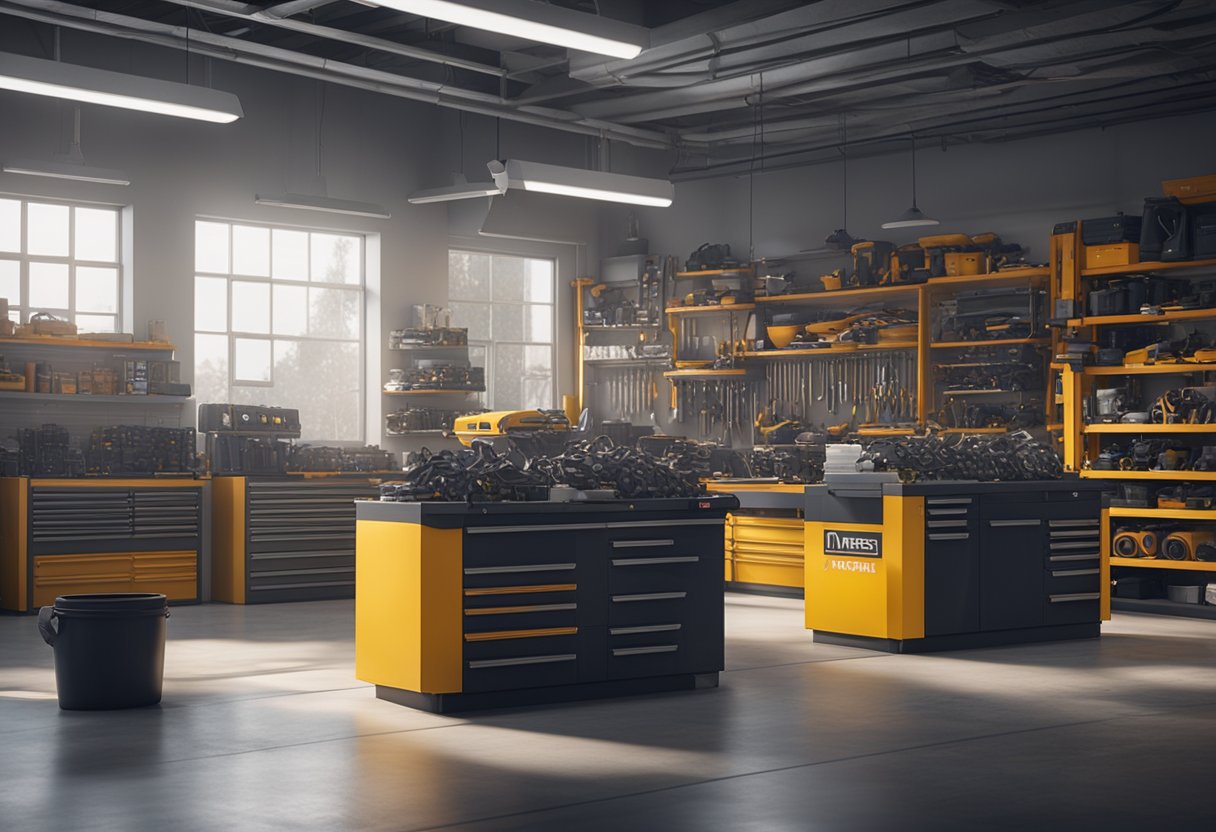 Vilkas autokorjaamo Nurmijärvellä, jossa on hyllyjä täynnä auton osia ja työkaluja. Mekaanikot työskentelevät ajoneuvojen parissa ja asiakkaat odottavat vastaanottoalueella.