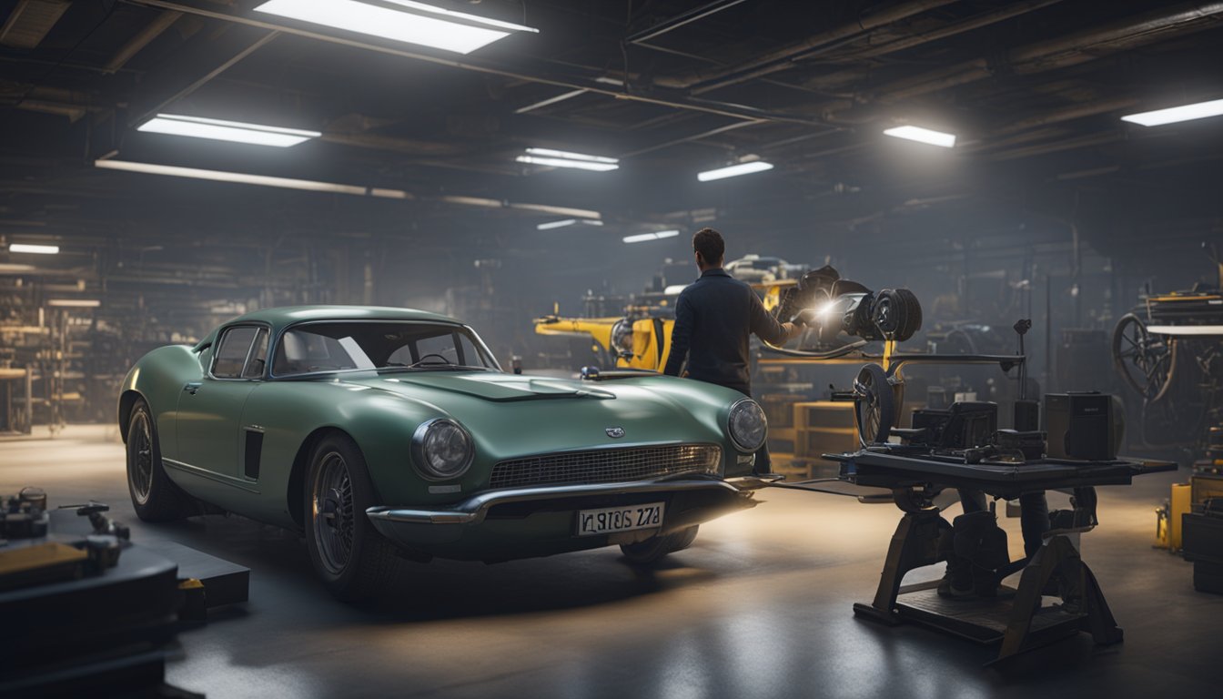 Mekaanikko tarkastamassa auton jarruja, työkalut ja laitteet lähellä.