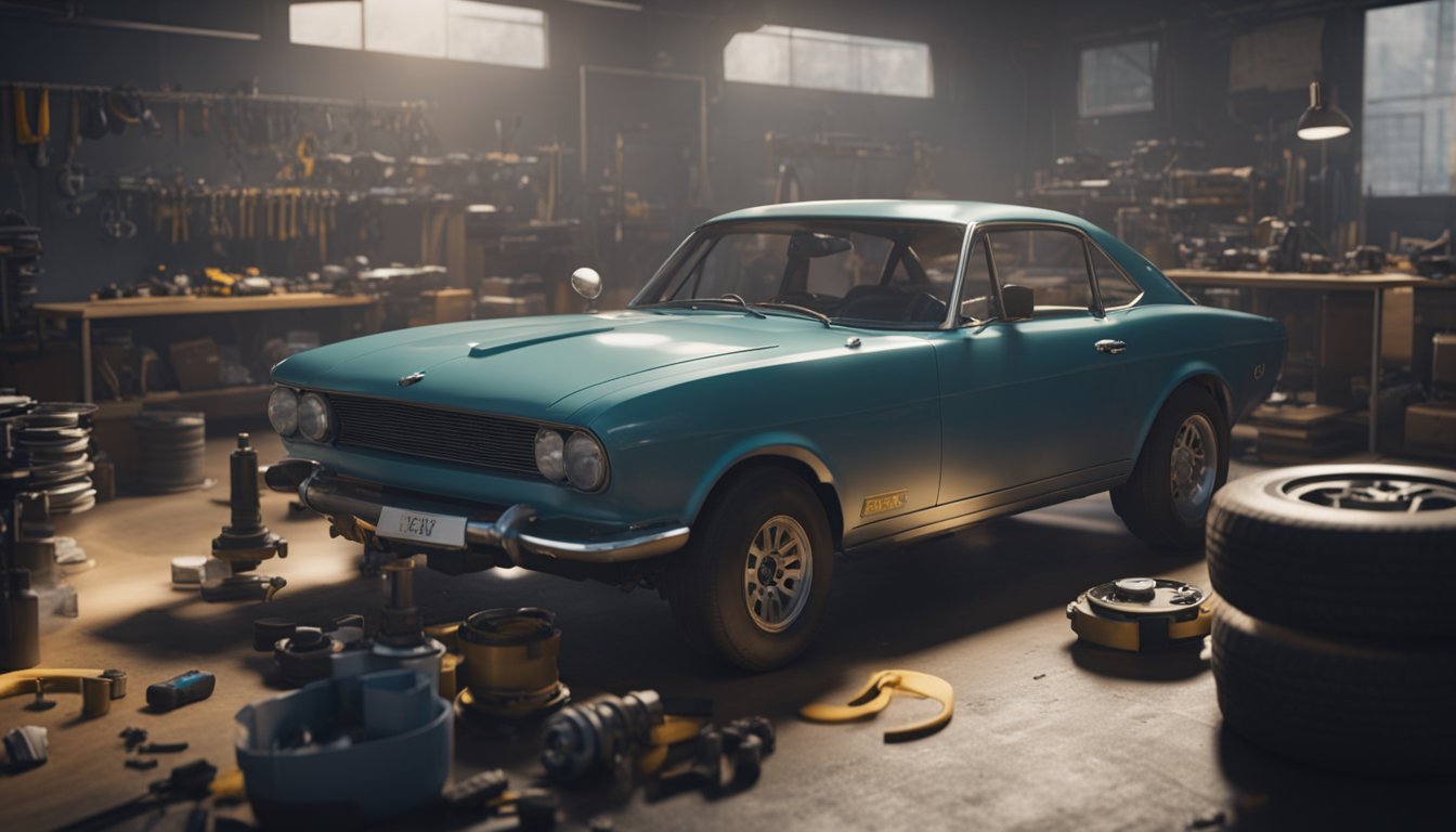 A mechanic performing brake maintenance on a car, tools and brake parts scattered on a workbench