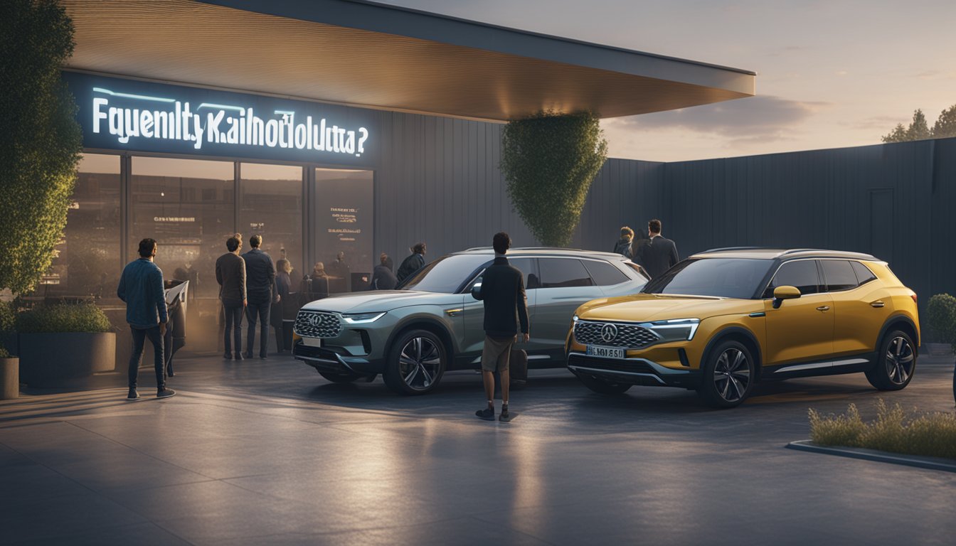 Ryhmä ihmisiä kokoontuneena kyltin ympärille, jossa lukee "Usein kysytyt kysymykset" ja "kilpailuta autohuolto", taustalla autoja.