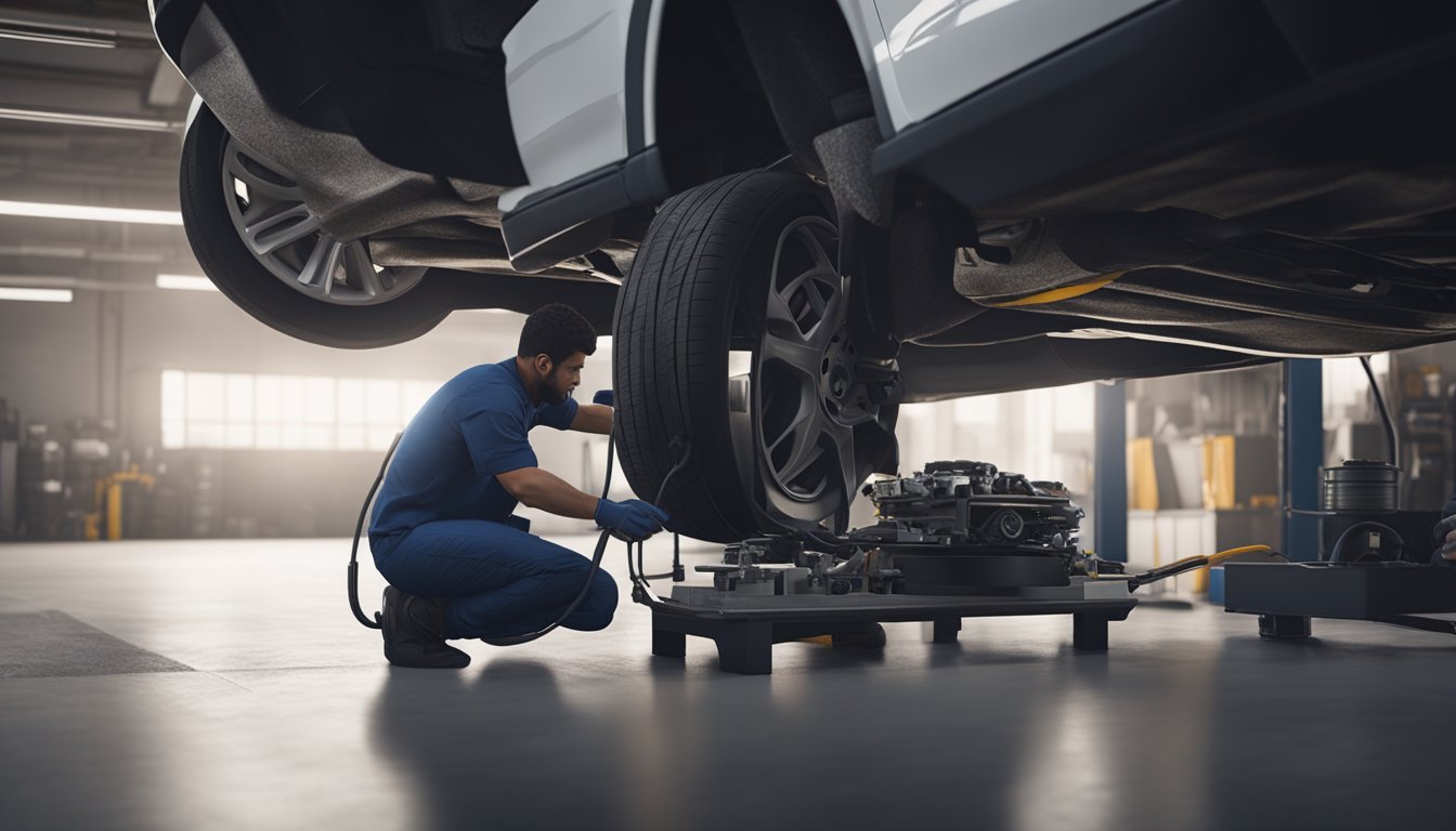 Mekaanikko diagnosoimassa auton jarruongelmia käyttämällä diagnostiikkatyökaluja ja tarkastamalla jarruosia.