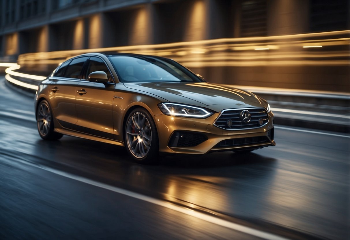 Auto ajaa tiellä, ja sen vieressä on erilaisia rengastyyppejä, jotka havainnollistavat renkaiden valinnan vaikutusta polttoaineenkulutukseen.